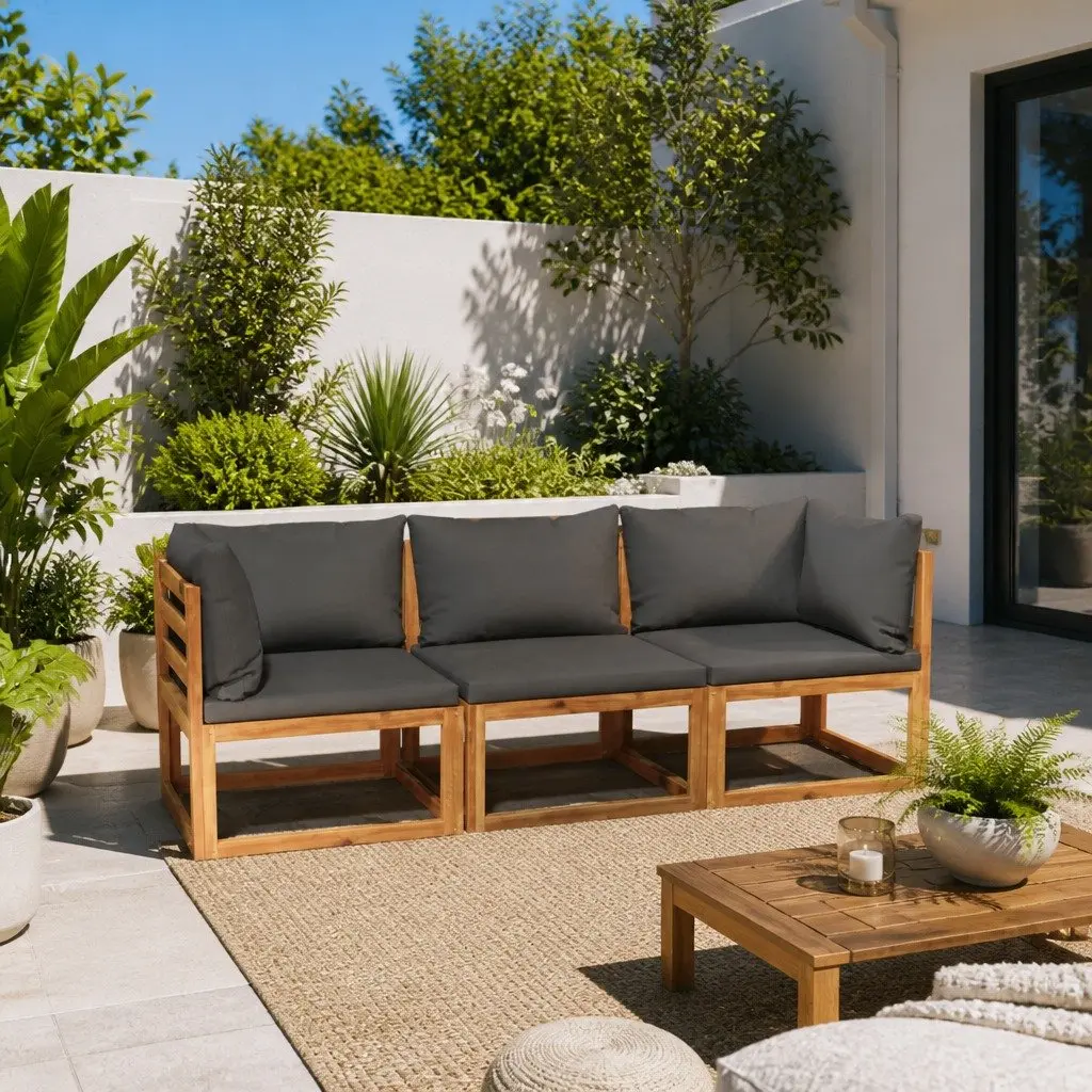 3-Seater Garden Sofa with Grey Cushions