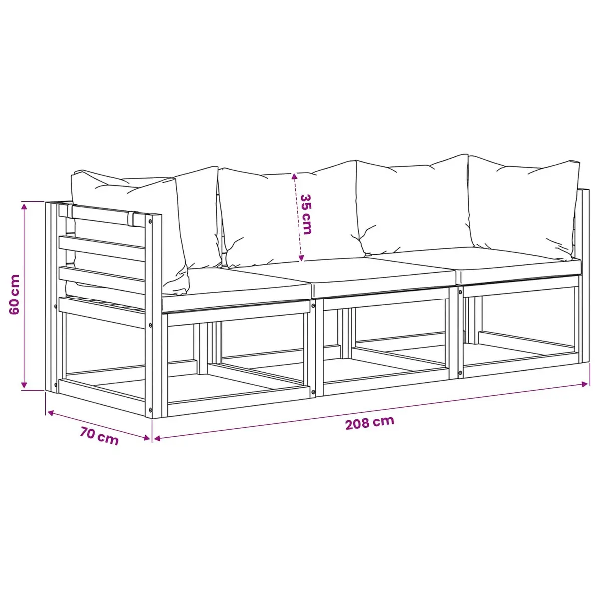 3-Seater Garden Sofa with Grey Cushions