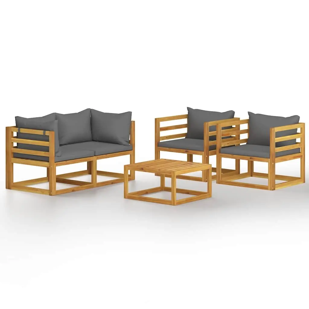 5 Piece Garden Lounge Set Solid Acacia Wood Grey Outdoor Furniture with Cushions Coffee Table