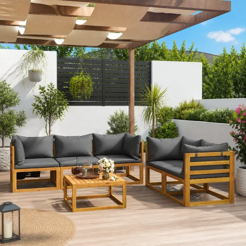 Garden Lounge Set Solid Acacia Wood 6 Piece Outdoor Patio Furniture with Cushions Grey