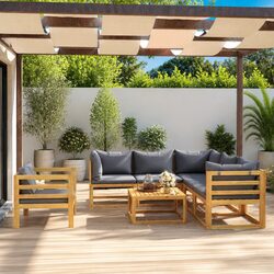 Durable 7-Piece Acacia Wood Garden Lounge Set with Grey Cushions