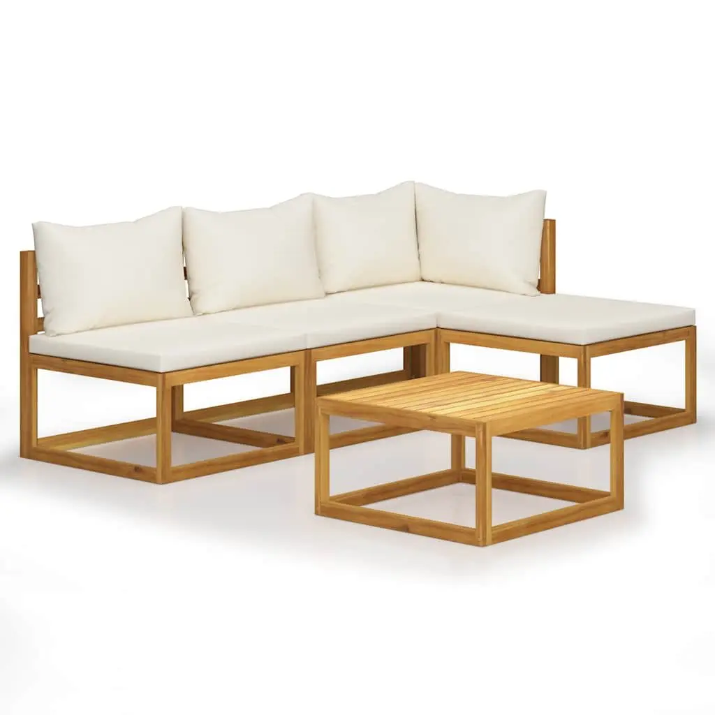 5 Piece Outdoor Lounge Set Solid Acacia Wood Cream Cushions Coffee Table