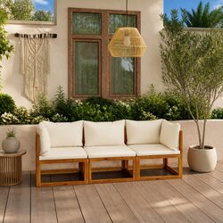 Solid Wood 3-Seater Garden Sofa with Cream Cushions