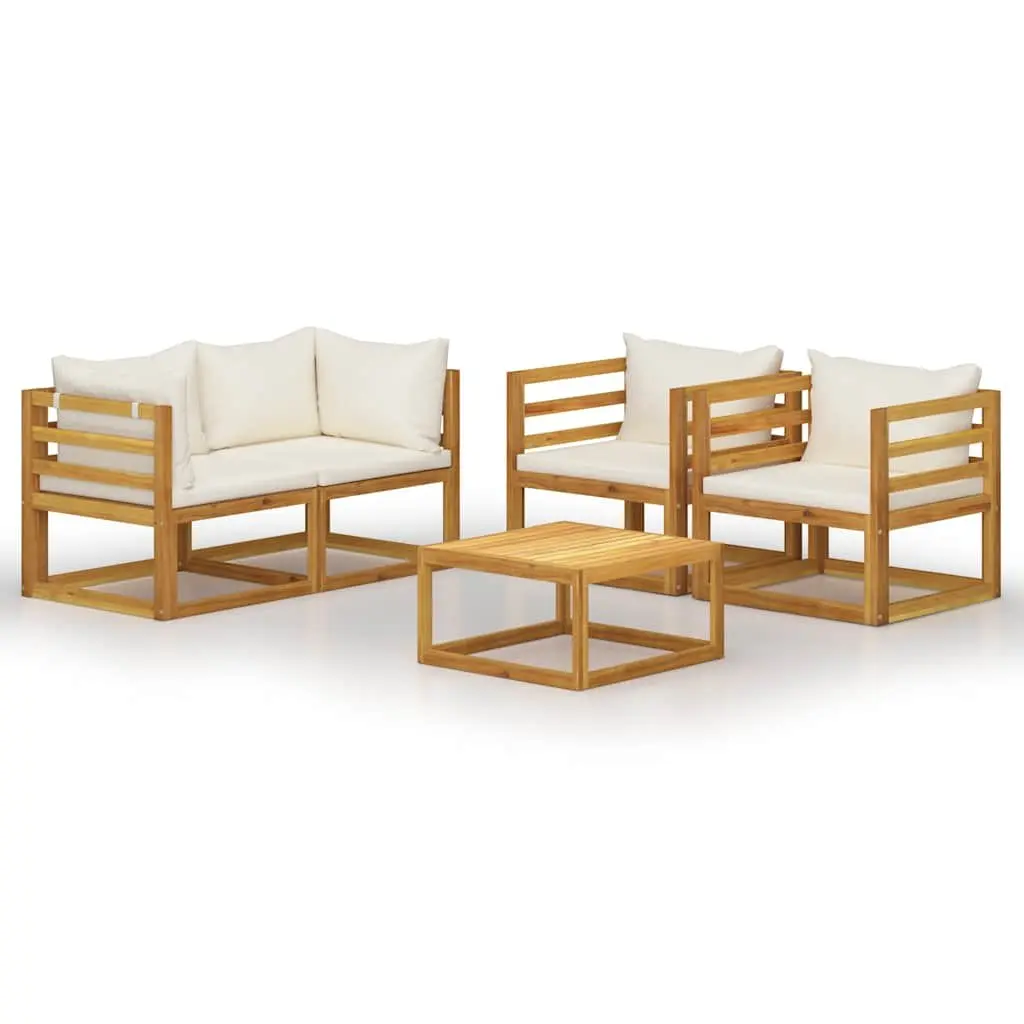 5 Piece Outdoor Lounge Set Solid Acacia Wood Cream Sofa Coffee Table Cushions