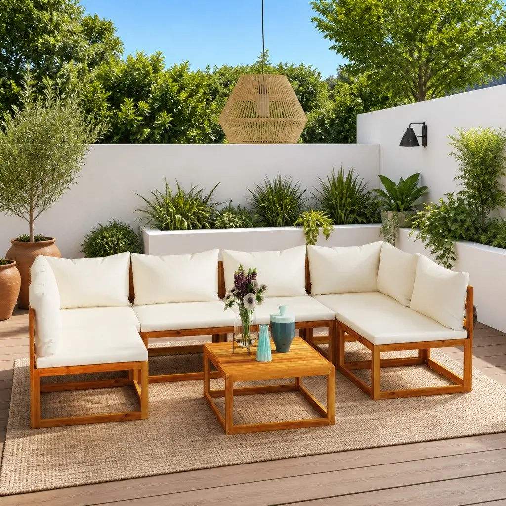 Garden Lounge Set Solid Acacia Wood 7 Piece Modular Outdoor Furniture Cream