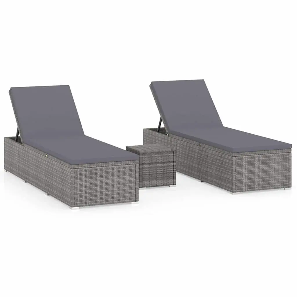Sun Lounger Set PE Rattan Grey 3 Piece Outdoor Garden Chaise Lounge with Tea Table