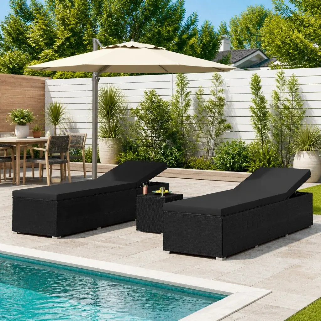 3 Piece Sun Lounger Set PE Rattan Steel Frame Adjustable Black