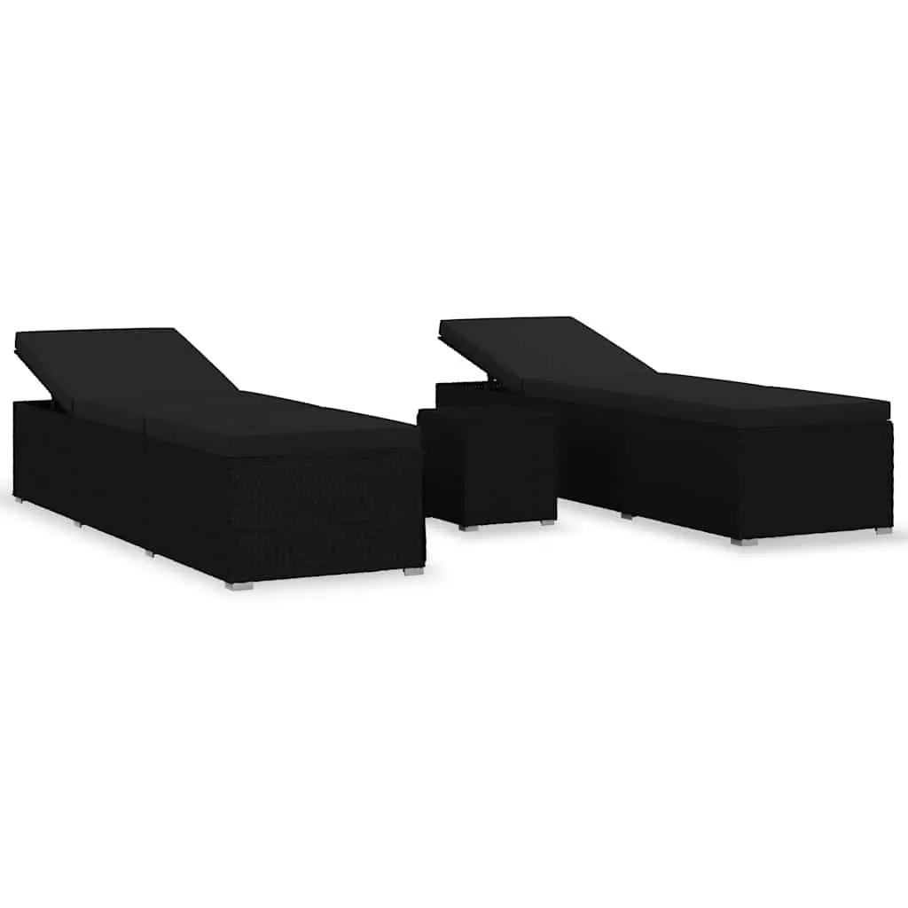 3 Piece Sun Lounger Set PE Rattan Steel Frame Adjustable Black