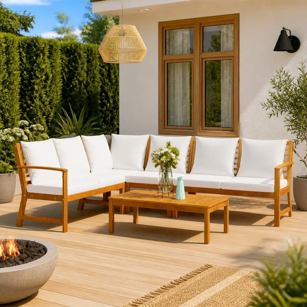 5 Piece Garden Lounge Set Solid Acacia Wood Cream Outdoor Patio Furniture with Cushions Coffee Table