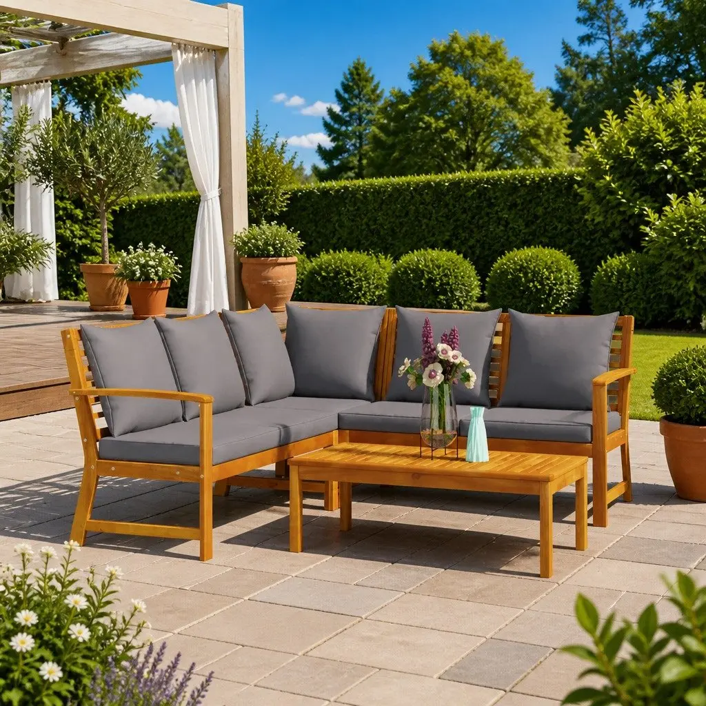 4 Piece Garden Lounge Set Solid Acacia Wood Grey Cushions Coffee Table