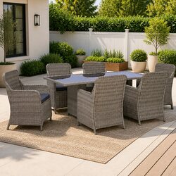 Outdoor Dining Set 7 Piece Round Poly Rattan Garden Patio Furniture Brown