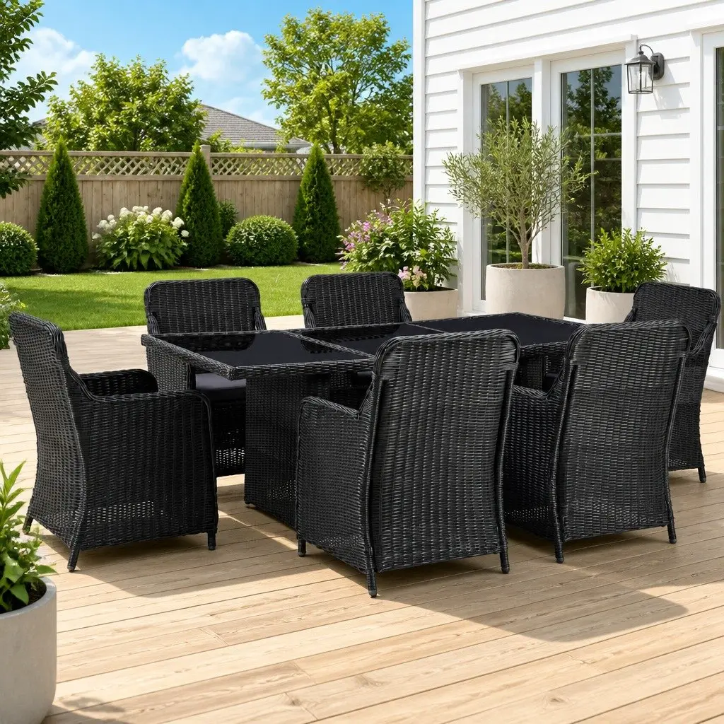 7 Piece Black Half Round Poly Rattan Dining Set