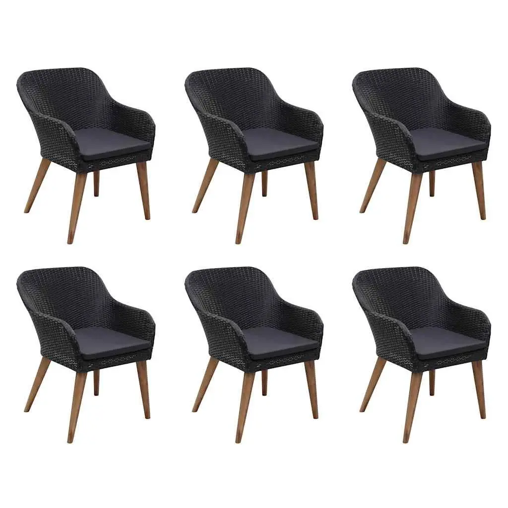 7 Piece Black Patio Dining Set Poly Rattan Furniture with Cushions Acacia Wood Table
