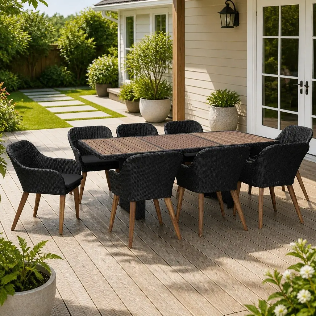 9 Piece Outdoor Dining Set Poly Rattan Patio Furniture with Cushions Black