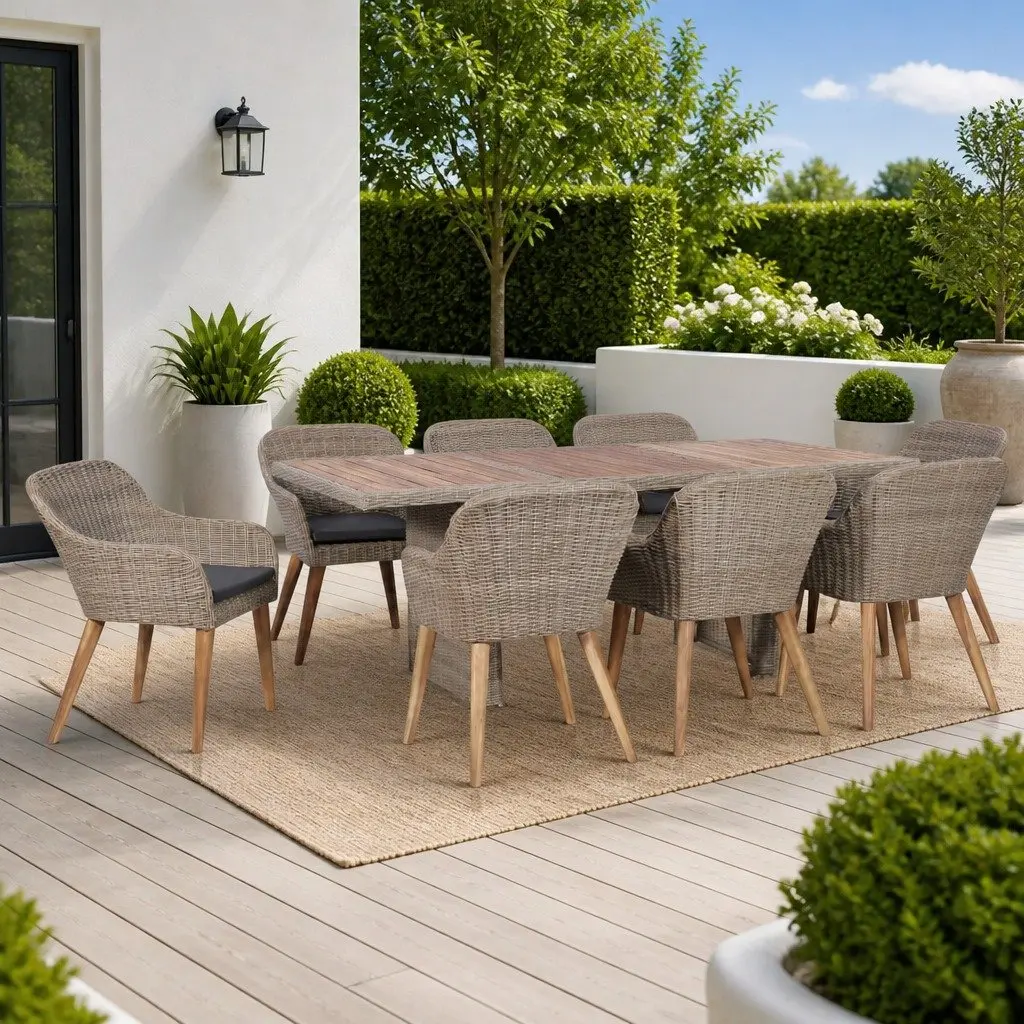 9-Piece Brown Outdoor Dining Set with Poly Rattan