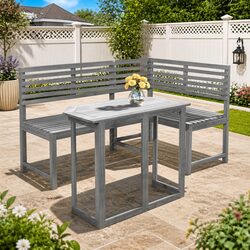 Grey Foldable Outdoor Bistro Set with Corner Bench