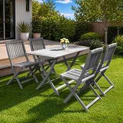 5 Piece Grey Foldable Garden Dining Set in Solid Acacia