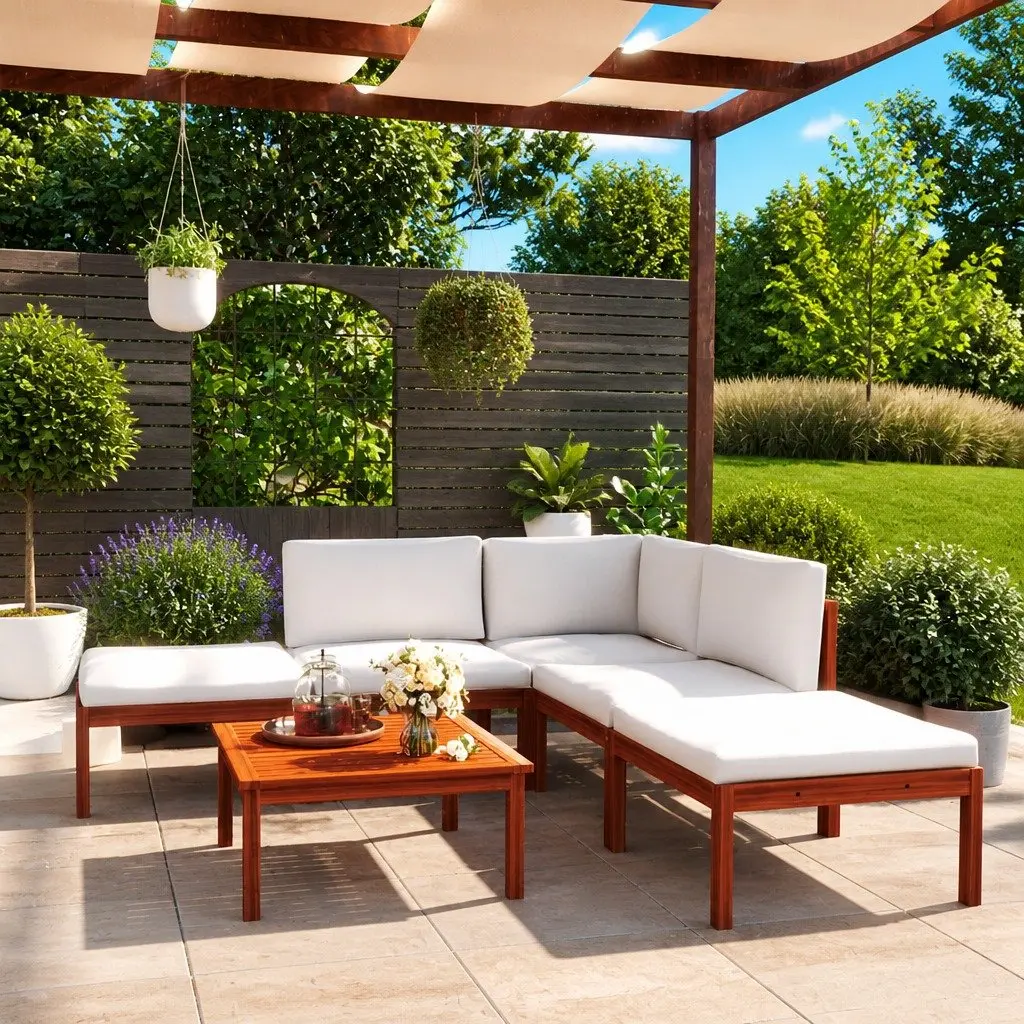 Garden Lounge Set 6 Piece Acacia Wood PE Rattan White