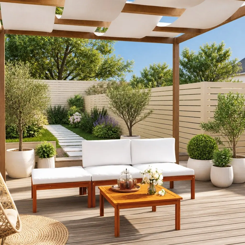 Lounge Set Solid Acacia Wood 4 Piece Outdoor Patio Furniture White Rope Woven