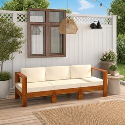 3-Seater Solid Wood Garden Sofa with Cream Cushions