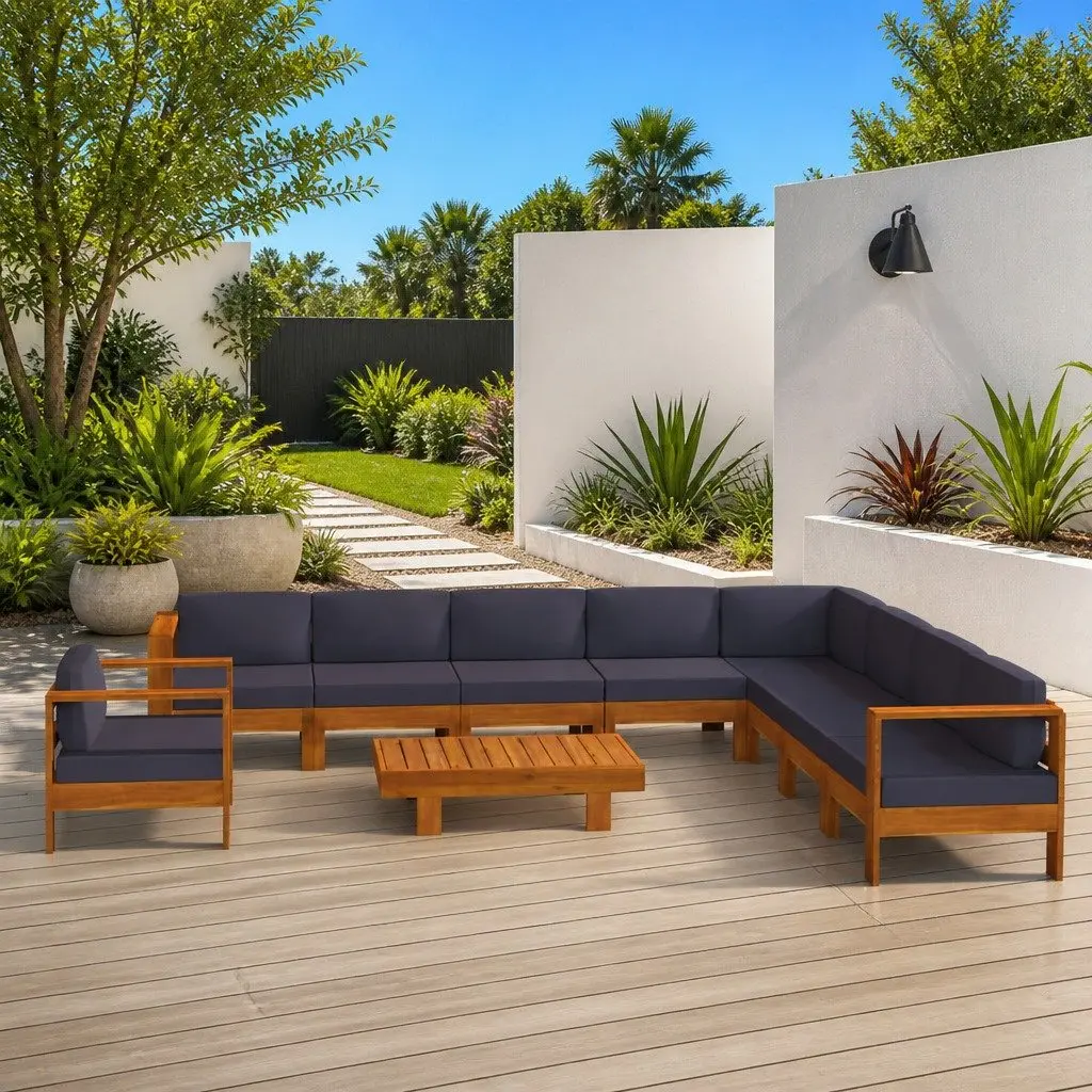 Garden Lounge Set Solid Acacia Wood 10 Piece Outdoor Furniture Grey Cushions