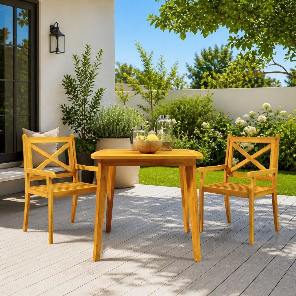 3 Piece Garden Dining Set Solid Acacia Wood Slatted Brown Outdoor Furniture