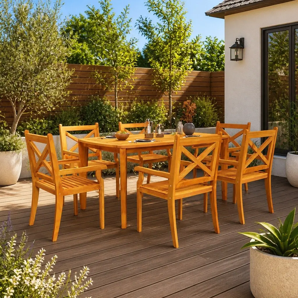 7 Piece Outdoor Garden Dining Set Solid Acacia Wood Brown