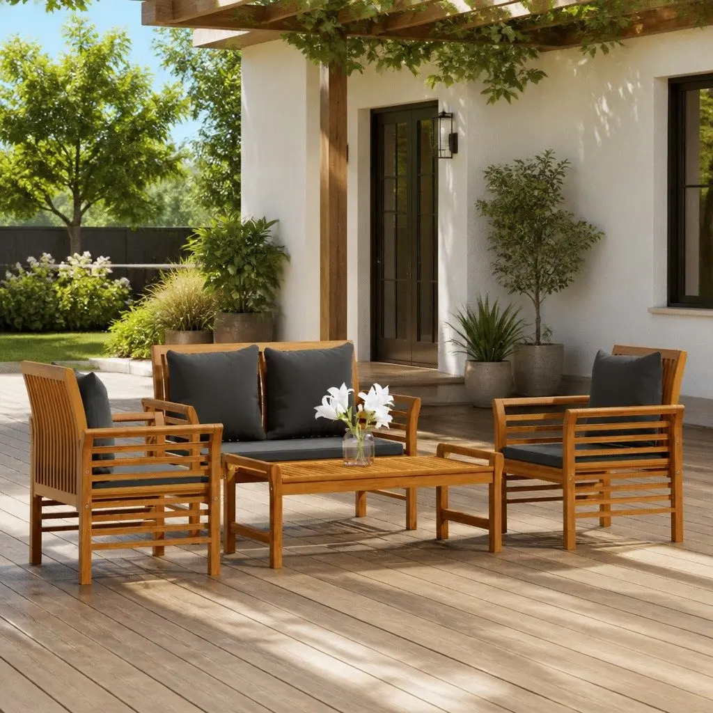 4 Piece Garden Lounge Set Solid Acacia Wood Brown Outdoor Furniture