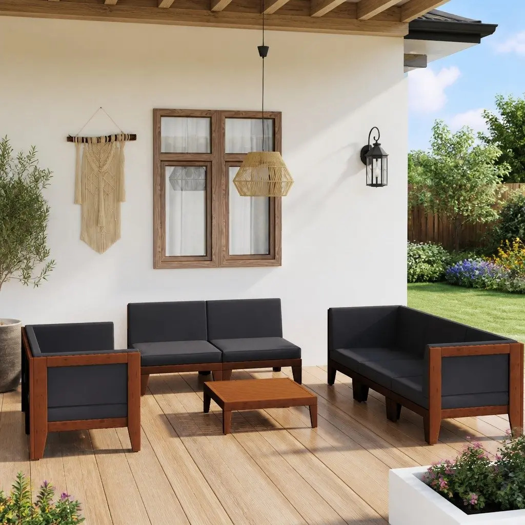 Garden Lounge Set Acacia Wood 9 Piece Outdoor Furniture Grey Modular Cushions
