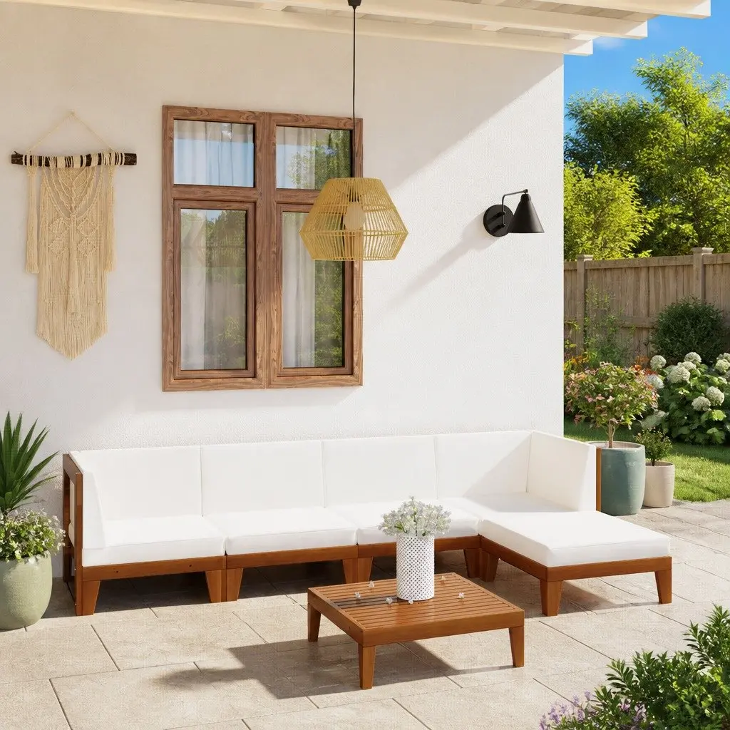 Garden Lounge Set Solid Acacia Wood 6 Piece Modular Outdoor Furniture White with Cushions