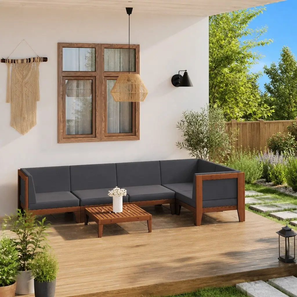 Garden Lounge Set Solid Acacia Wood 6 Piece Outdoor Furniture Grey Cushions