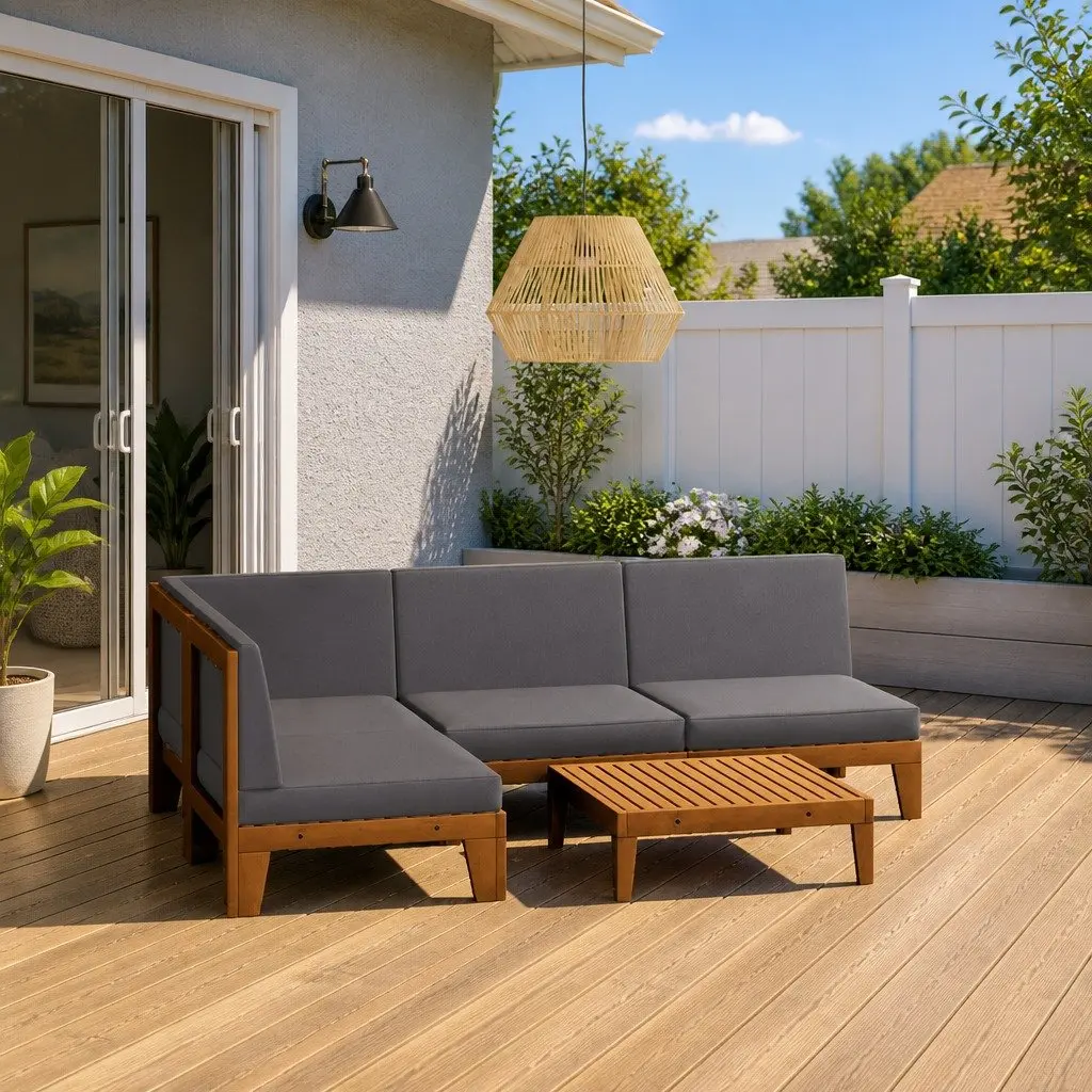 Garden Lounge Set Solid Acacia Wood 5 Piece Outdoor Furniture Grey Cushions