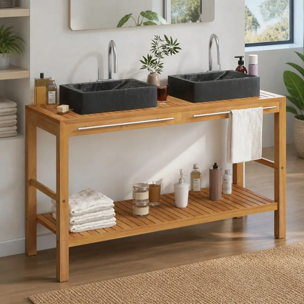Solid Teak Bathroom Vanity Cabinet with Two Marble Sinks