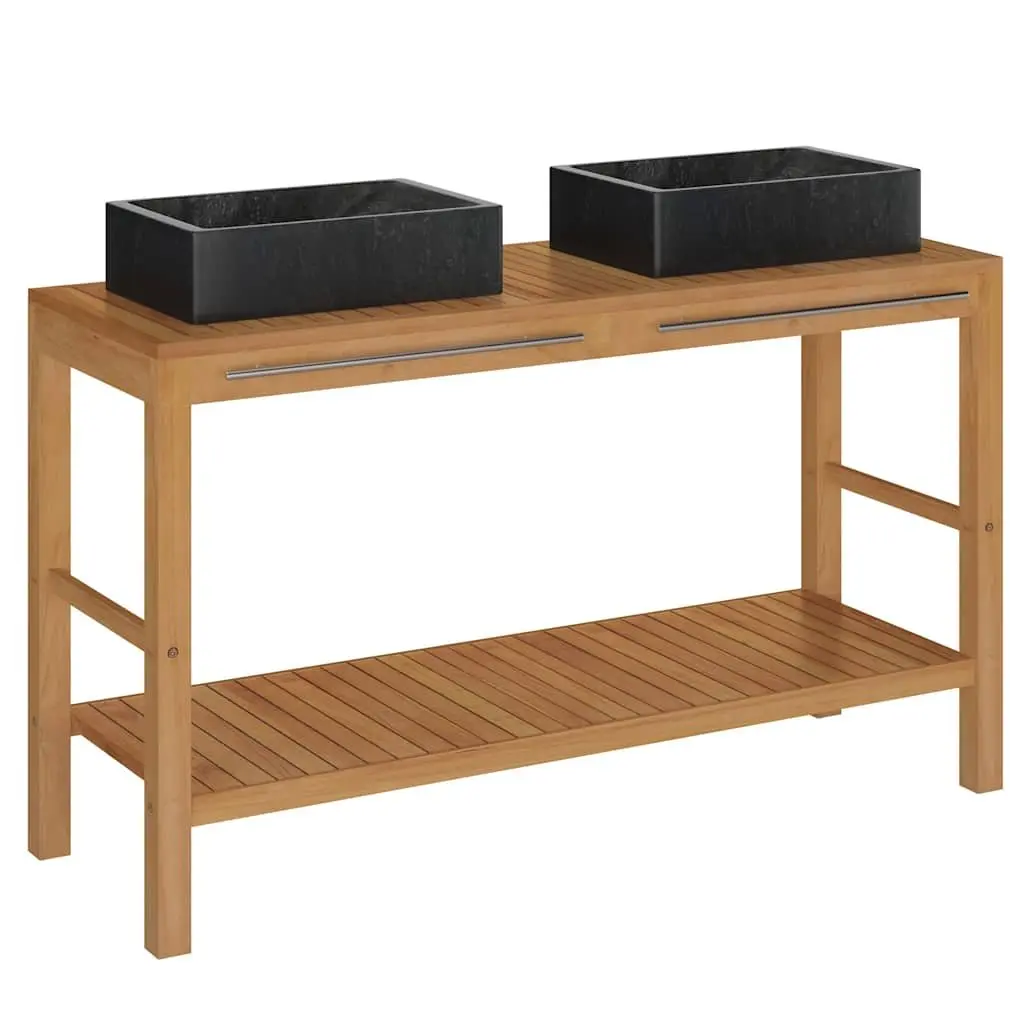 Solid Teak Bathroom Vanity Cabinet with Two Marble Sinks