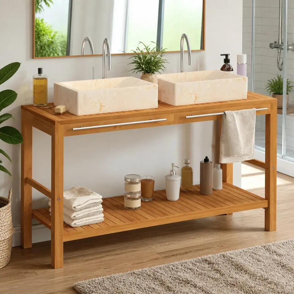 Solid Wood Bathroom Vanity Cabinet with Two Sinks