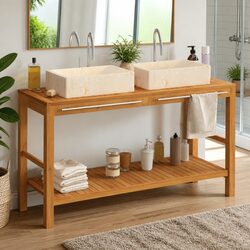 Bathroom Vanity Cabinet Solid Wood Two Sinks Marble Storage Unit Towel Rail