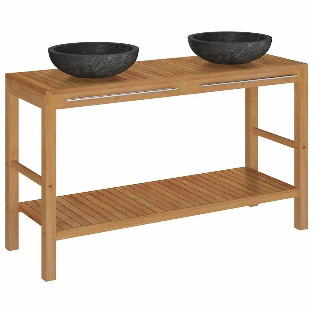 Double Sink Teak Wood Bathroom Vanity with Marble Basins