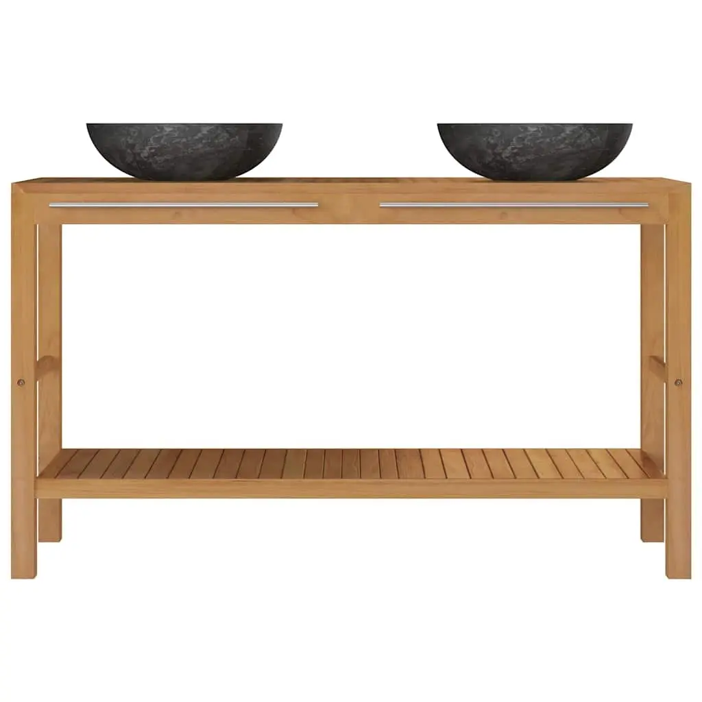 Double Sink Teak Wood Bathroom Vanity with Marble Basins