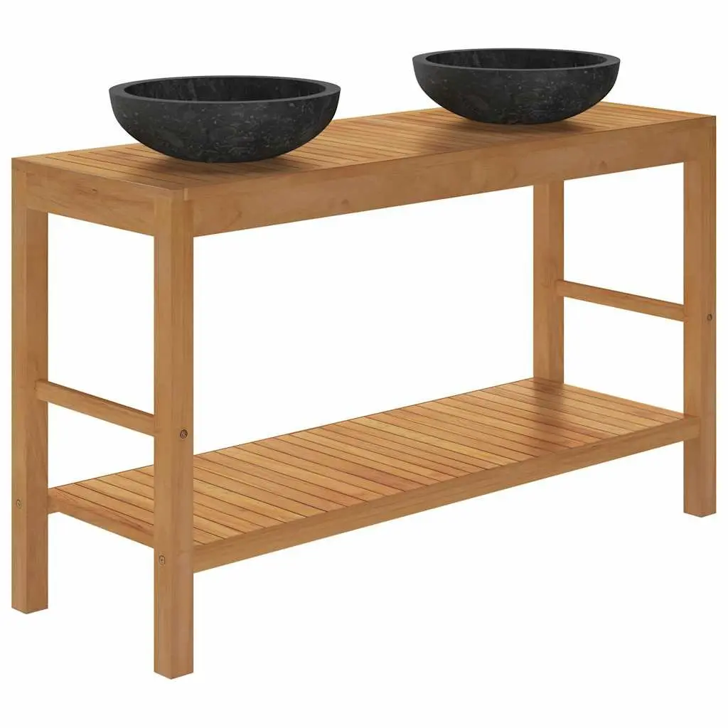 Double Sink Teak Wood Bathroom Vanity with Marble Basins