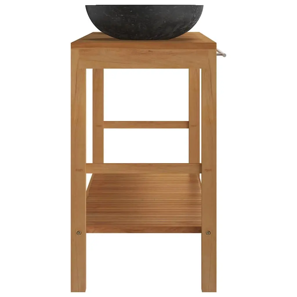 Double Sink Teak Wood Bathroom Vanity with Marble Basins