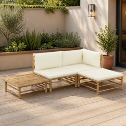 Sturdy 4 Piece Bamboo Garden Lounge Set with Cream Cushions