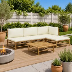 Durable 5 Piece Bamboo Lounge Set with Cream White Cushions