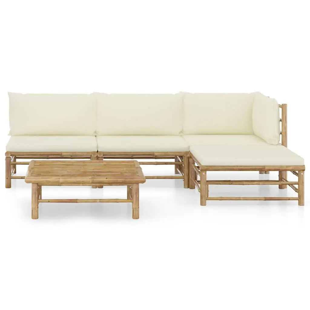 5 Piece Bamboo Garden Lounge Set Outdoor Furniture with Cream White Cushions