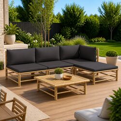 5 Piece Outdoor Bamboo Lounge Set with Grey Cushions