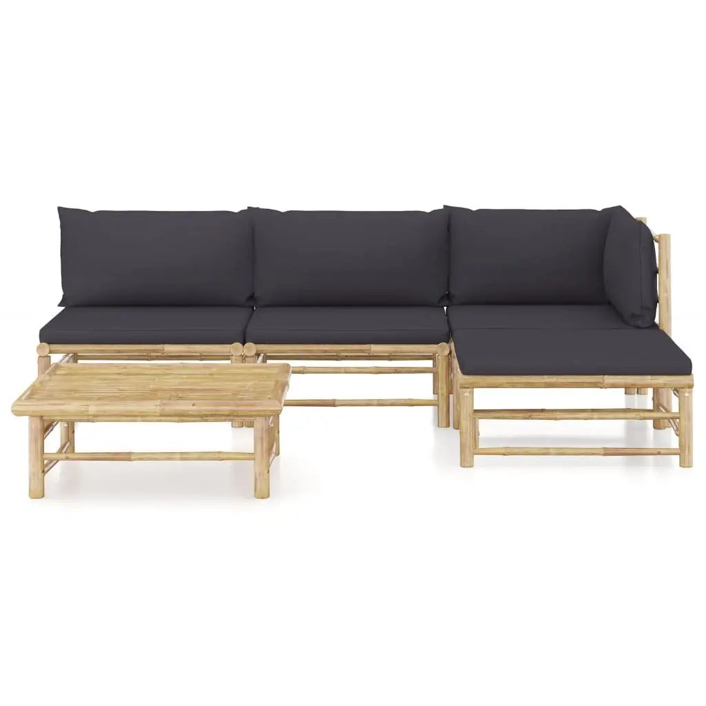5 Piece Bamboo Garden Lounge Set Modular Dark Grey Cushions