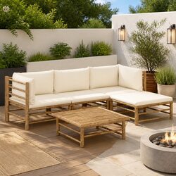 5-Piece Modular Bamboo Garden Lounge Set with Cream Cushions