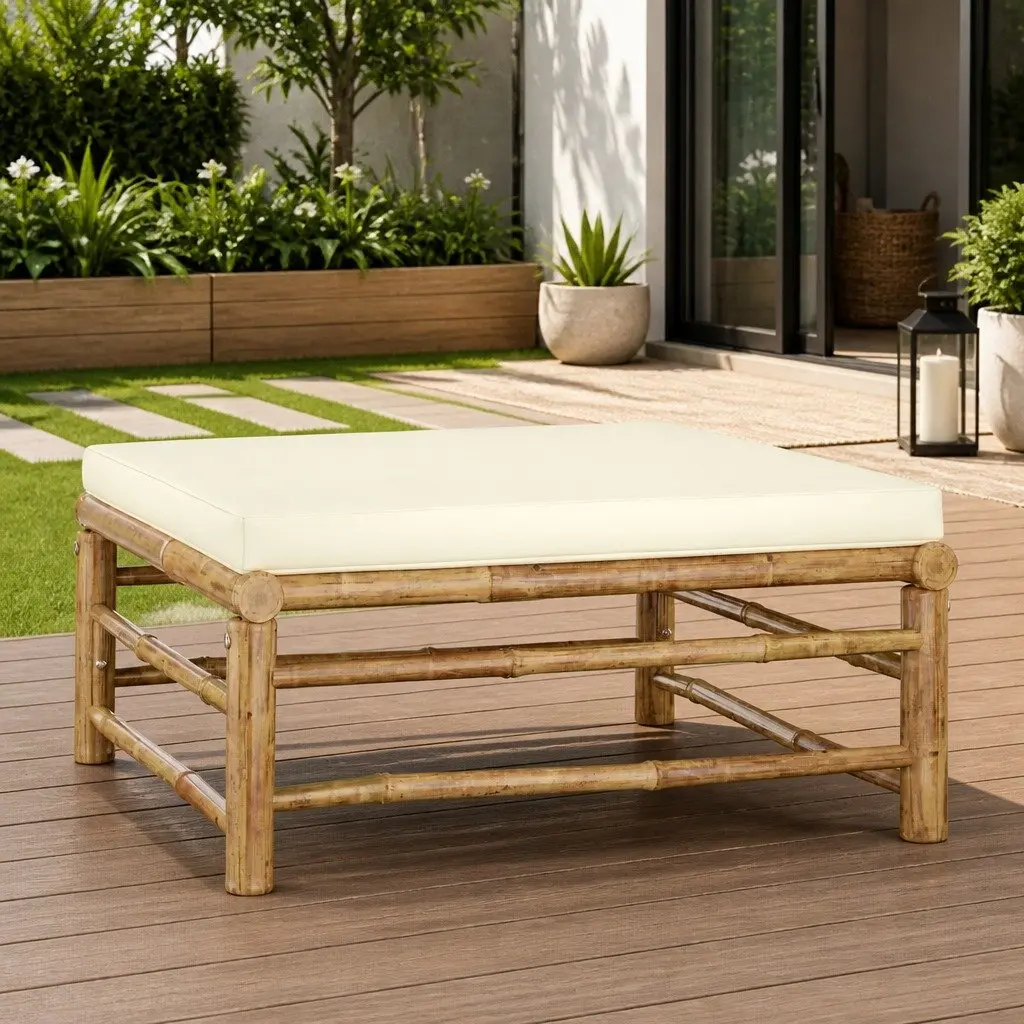 6 Piece Bamboo Garden Lounge Set Outdoor Patio Furniture with Cream Cushions