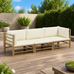 3-Piece Bamboo Outdoor Lounge Set with Cream White Cushions
