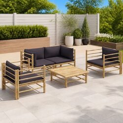 5 Piece Bamboo Garden Lounge Set with Grey Cushions