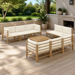 Durable 9 Piece Bamboo Outdoor Lounge Set with Cream Cushions